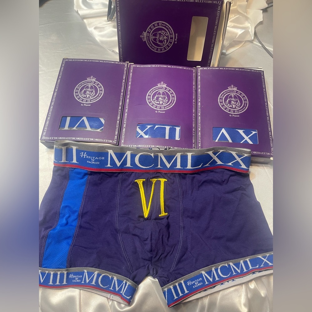 Fagnidi New Men's Blue Boxer Briefs Roman Numeral VI 6 heritage Lot of 4 Small